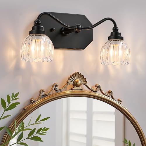 Image of Vintage Bathroom Light Fixtures, 2 Light Bathroom Vanity Light, Black Matte Antique Brass Finish with Crystal Glass Shade, Mid Century Wall Sconces for Bedroom, Living Room, Hallway
