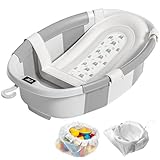 JoyYum Collapsible Baby Bathtub, Baby Tubs for Newborns with Soft Cushion & Thermometer & Toy Organizer Mesh Bag, Infant Bathtub to Toddler 0-36 Months, Portable Travel Newborn Baby Bathtubs (Grey)