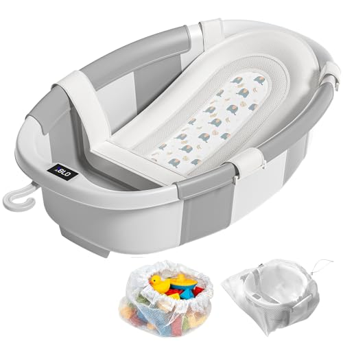 Image of Collapsible Baby Bathtub with Soft Cushion and Thermometer, Newborn to Toddler Tub 0-36 Months with Toy Storage Mesh Bag, Portable Travel Bath for Infants (Grey)