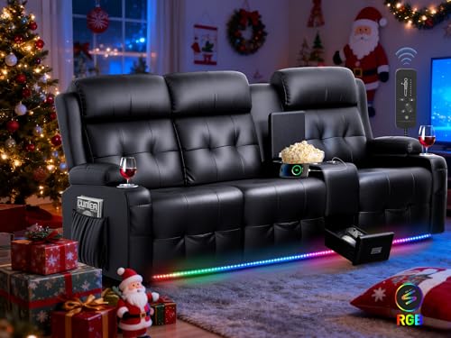 Image of Loveseat Recliner Sofa, Home Theater Seating with Massage, 3 Seat Reclining Loveseats with Console, Wall Hugger RV Couch Movie Theater Chairs, RV Furniture Sofas with USB, Cup Holders for Gaming Room