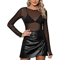 Tuopuda Mujer Manga Larga Camiseta Negro Sexy Transparente Malla Top Slim Chic Clubwear Casual T Shirt de Cuello Redondo(A,L)