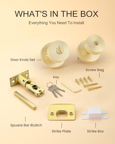 Image of Haidms Gold Door Knobs with Key, Heavy-Duty Zinc Alloy Keyed Entry Door Knobs Exterior, Brushed Gold Front Door Knob with Lock, Keyed Different, 6 Pack