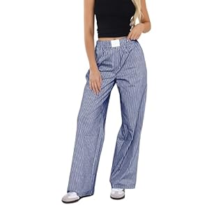 Womens Y2K Striped Lounge Pants Low Rise Elastic Waist Pajamas Pants Casual Loose Wide Leg Trousers With Pockets