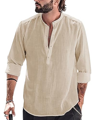 YAOBAOLE Henley Hemd Herren Langarm Herren Business Hemd Fit Anzug, Business, Freizeit, Hochzeit,Strand Khaki 3XL