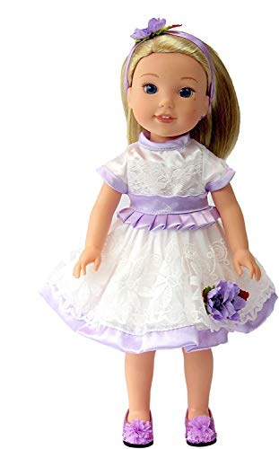 American Fashion World White and Purple Dress for 14-Inch Dolls | Headband Included | Premium Quality & Trendy Design | Dolls Clothes | Outfit Fashions for Dolls for Popular Brands