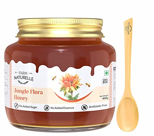 Image of Farm Naturelle Jungle Flower Wild Forest Honey 400gm |100% Pure Honey | Raw & Unfiltered|Unprocessed|Lab Tested Honey In Glass Jar with Engraved Virgin Wooden Spoon