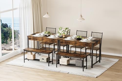 GarveeHome Dining Table Set for 4, Small Kitchen Table and 2 Chairs for 4 with Bench, Space Saving Kitchen Table Set with Storage Rack & Drawers, Breakfast Nook Rectangular Farmhouse Table Set,Retror