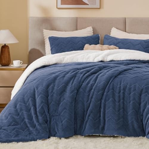 Image of BEDELITE Fluffy Sherpa Full Comforter Set,Navy Blue | Super Soft & Warm Fleece Bedding, Luxury Fuzzy Comforter for Winter, Heavy Plush Bedding Set,2 Pillowcases