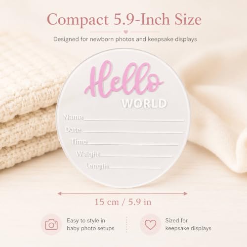 Image of Baby Announcement Sign, 5.9 Inch inchHello World inch Newborn Sign for Birth Announcement, Baby Name & Welcome Baby Board, Acrylic Newborn Announcement Sign for Hospital (Pink)