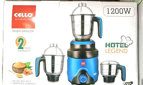 Image of Generic Cello 3 Jar Mixer Grinder, 1200W, Blue, Stainless Steel, Heavy Duty, Adjustable Speed, With Handles