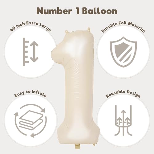 Image of Number Balloons for Birthday Decorations - 40 Inch Large Party Balloons 1, Cream Foil Number Balloons for Boys Girls, Balloons for Party Supplies