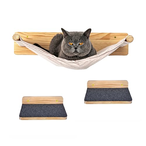 PET VIOLET Katzen Wand-Hängematten Set – 1 Hängematte & 2 Plattformen aus Massivholz & Sisal Wandmontiertes Katzenmöbel für Kletterwand,...