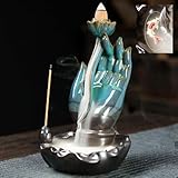 Large Handmade Ceramics Buddha Hand Waterfall Incense Burner, Backflow Incense Burner,Incense Burner Holder, Koi Fish Incense Burner, with 60 Backflow Cones+50 Incense Sticks+1 Mat+1Clip+1Gift Bag
