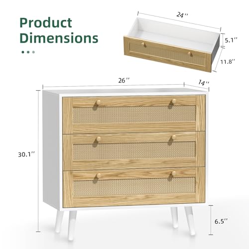 infurnic 3 Drawer Rattan Dresser for Bedroom, Modern Wooden Dresser Chest with Handles for Bedroom, Hallway and Living Room, White