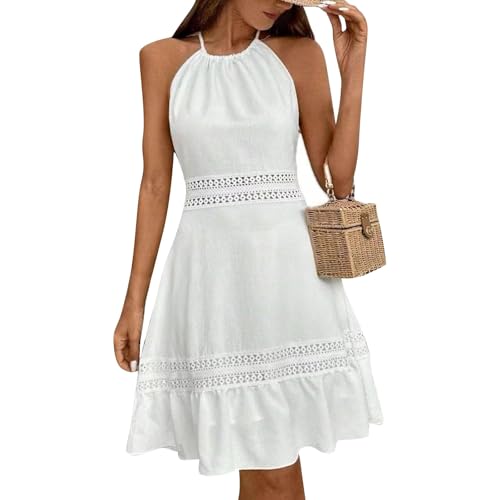 Sommerkleid Damen Knielang Elegant A Linie Neckholder Kleid Rückenfrei Mit Schnürung Sommerkleider Leicht Luftig Strandkleid Rüschen Kurzes...