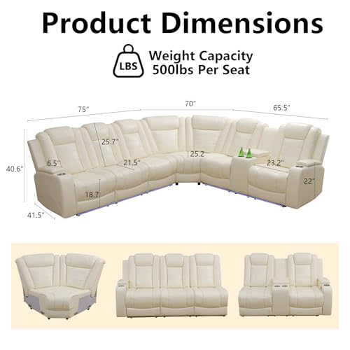 Image of Power Reclining Sectional Sofa Set with USB, LED & Storage - Cream White Leather Recliner Couch with Cup Holders & Pull-Down Table - Modern Living Room Furniture Set for Home Theater Comfort