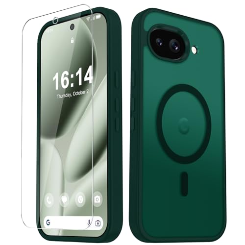 Image of for Google Pixel 10a Case, Matte Magnetic Phone Cover [with 1 Screen Protector] [Support for MagSafe] [Shockproof Military Grade Protection] Translucent Frosted Back, Dark Green