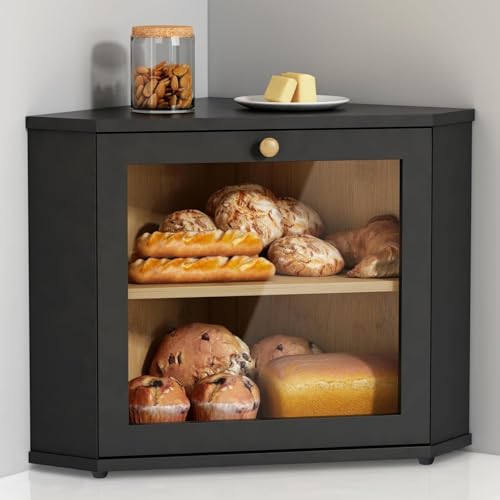 Oasisgalore Large Corner Bread Box for Kitchen Countertop Black Two Layer Wooden Bread Box Storage Bin Container for Kitchen Counter