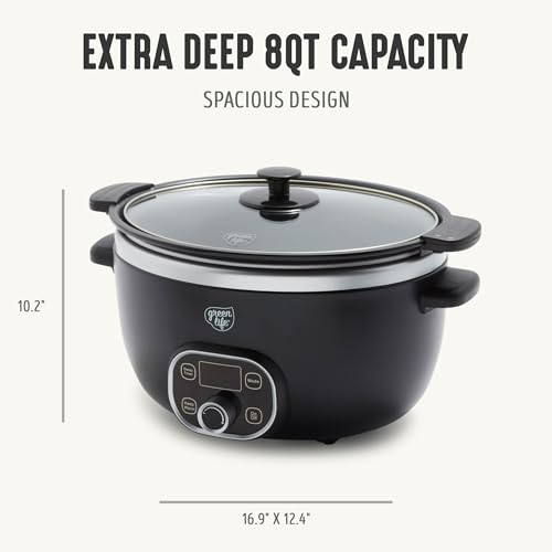 Image of GreenLife 8QT Slow Cooker, Non-Toxic PFAS-Free Ceramic Nonstick Removable Interior Bowl, Programmable, Family Friendly, Keep Warm, Stovetop & Oven Safe, Dishwasher Safe Crock, Timer, Glass Lid, Black