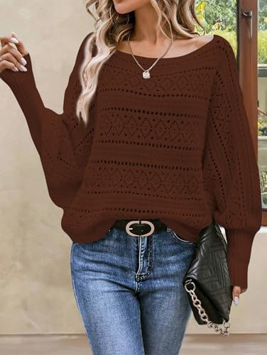 Image of Cakulo Womens Off Shoulder Sweater Top Fall Outfits Fashion 2025 Oversized Knit Batwing Long Sleeve Crochet Pullover Sweaters