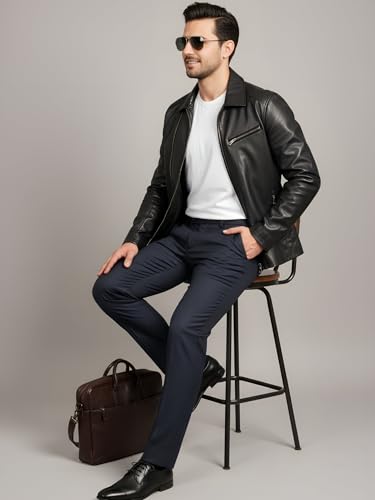 Image of LIVE IN Mens Navy Blue Cotton Slim Fit Mid Rise Solid Formal Trousers