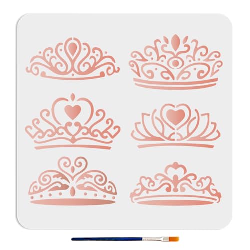 MAYJOYDIY Pochoir de Princesse Couronne 30×30cm Pochoir de Peinture Orné Diadème avec Pinceau Modèle de dessin Femme Reine Gemmes Couronne pour L'Artisanat...