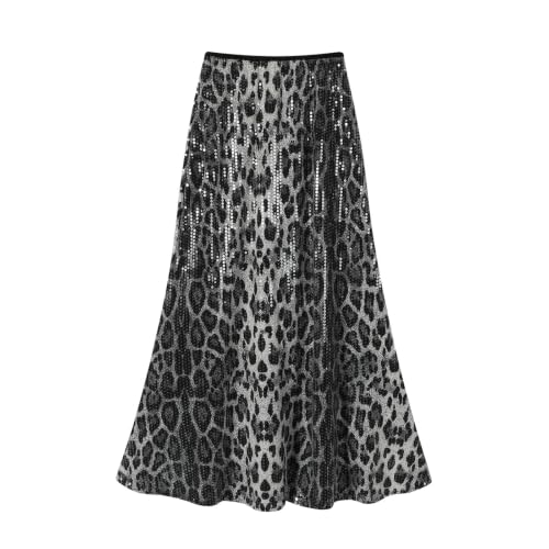Jupe mi-longue léopard à paillettes et taille haute rétro pour femme