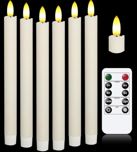 Image of KSWING Upgraded Real Wax LED Flameless Taper Candles with Remote, 6 PCS White 8 inch Long Realistic Fake Candlesticks for Home /Wedding /Fireplace Xmas Decor
