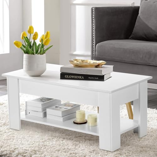 Oyajia Coffee Table With Storage, Elevate Coffee Tables for Living Room, Wooden Coffee Table With 1 Shelf Large Concealed Storage Modern Rectangular Sofa End Lift-Top Tea Table Furniture (White)