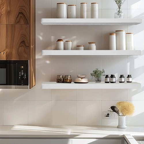ASmileIndeep Floating Shelves for Wall, Wood Shelves with Invisible Brackets for Bathroom, Living Room, Bedroom and Kitchen, Long Wall Shelf for Books/Storage/Room Decor, 24 Inch, Set of 2, White