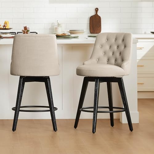 Image of Watson & Whitely Counter Height Bar Stools Swivel Barstools, Fabric Tan | Set of 2, Upholstered Modern Barstool with Back, Solid Wood Legs, 26 inch H Seat