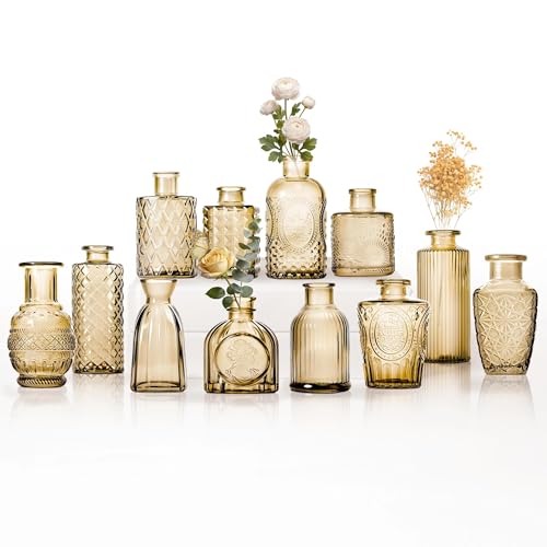 Sawoake Mini Bud Vases As Wedding Centerpieces for Tables Clear Bud Vases for Flowers Small Flower Vases Suitable for Birthday Party Anniversary Wedding Reception Baby Shower (Gold 12PCS)