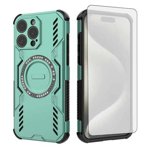 Coque iPhone 15 Pro Max magnétique antichoc vert et protège-écran verre 6,7"