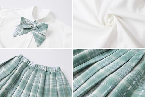 Image of Betusline Girls Skirt Set JK School Uniform 2-Piece Outfit - Short Sleeve Shirt with Bow & Pleated Skirt 4T-14Y