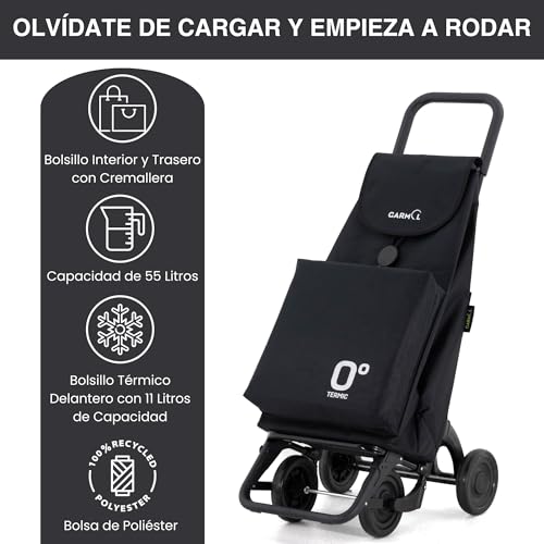GARMOL Carro de la Compra Térmico Plegable 55 Litros |Bolsillo Térmico Interior de 11 Litros | Carro de la Compra 4 Ruedas Gran Capacidad | Carrito Compra Plegable Color Negro