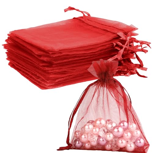 Image of Burgundy Sheer Organza Bags - 3 x 4 inch, 50 Pcs, Small with Drawstring, Jewelry Gift & Party Favor Bags for Candy, Wedding, Christmas