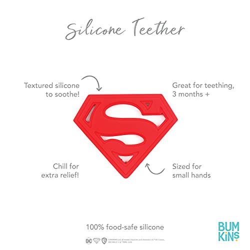 Image of Bumkins Baby Teething Freezer Toy Keys Rings, Soft Flexible Silicone Pacifier, Safe to Chew, Cool Teether Gum Relief, Essentials for Babies 3 Months, Freezable, Sensory Textured, Superman DC Comics
