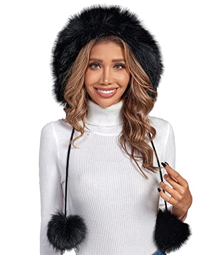 PINKGIRL Faux Fur Pompom Knitted Beanie Hat for Women Winter Warm Fleece Lined Skull Ski Cap with Ear Cover Womens Hats (US, Alpha, One Size, Black)