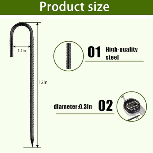 Rebar Stakes 12 Inch, Ground Stakes Heavy Duty J-Hook Black Coated Anti-Rust Heavy Duty Ground Anchors for Garden Dog Fence Chicken Coop Christmas Decorations Deer Fence 15pcs miniatura 2