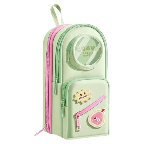 Image of Canvas School Bag Pencil Case, 3 Layer 6 Compartment Large Capacity, Aesthetic Pencil Pouch for Stationary, Cute Stationery for Kids, Pencil Case for Girls & Boys (Guava Foodie - Green)