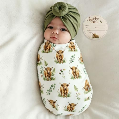 Image of Ylsteed Baby Highland Cow Swaddle Blanket and Headband Set, Newborn Receiving Blanket Swaddle Wrap for Girls and Boys, Swaddling Blankets Neutral for Newborn 32 * 32 in