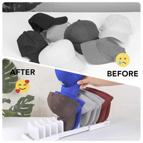 Image of Expandable Hat Stand for Baseball Caps, Bamboo Hat Organizer for 7 to 13 Baseball Caps, Hat Holder for Closet, Bedroom, Dresser, and Shoe Cabinets (White)