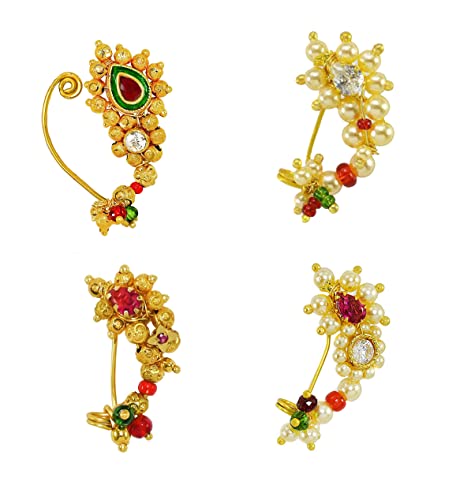 Image of Medium Size Traditional Maharashtrian Banu Nath Nose Stud without piercing Pearl Gold Plated Nath Combo Clip On Nose Ring For Women