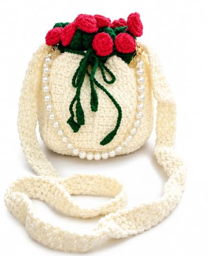 Image of Handmade Crochet Flower Crossbody Sling Bag for Women | Boho Knitted Bucket Shoulder Purse Rose Design