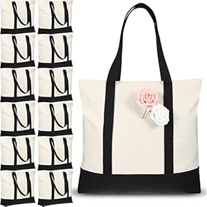 Sherr 12 Pcs Canvas Tote Bag Bulk with Outer Pocket, 21 in Large Cotton Tote Beach Bags with Zipper Washable Shopping Bags