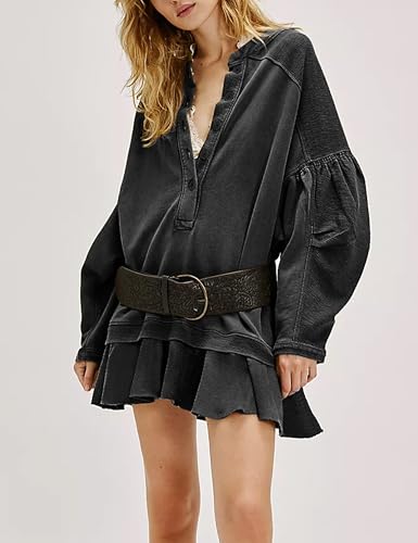 Womens Long Sleeve Pullover Sweatshirt Dress Button Down Oversize Fall Mini Dress2