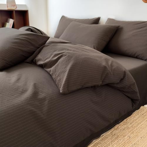 Image of PinkMemory Brown Striped Duvet Cover King White Pinstripe Duvet Cover Bedding Set 100% Washed Cotton Stripes Patterned 3pcs Retro Striped Bedding with Zipper Closure Corner Ties,Soft Breathable