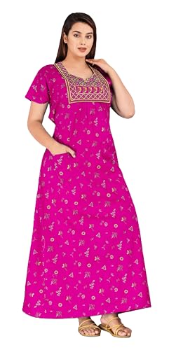 Image of DIAMO Pure Cotton Embroidery Nighty for Women, Cotton Night Gown, Night Maxi Gown, Cotton Nighty with a Pocket and Adjustable Knot
