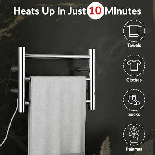 Image of Plantex Electric Heated Towel Rack for Bathroom /304 Grade Stainless Steel 3-Bar Wall Mounted Towel Warmer /Towel Bar /Fast Heating & Rust Proof - Pack of 1 (Chrome, 400mm X 300mm)