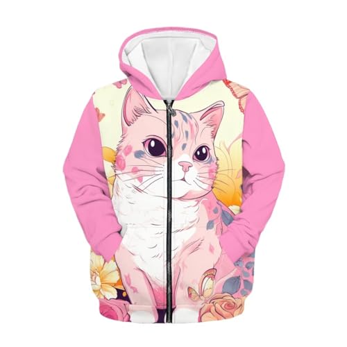 Sweat à capuche zippé pour filles ample et doux motif chat rose